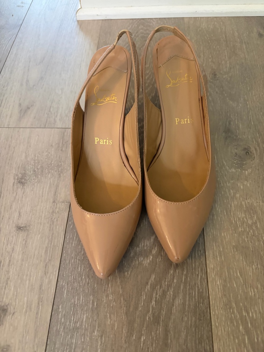 Christian Louboutin Beige Patent Leather Pointed Slingback Pumps - 85mm - EUC
